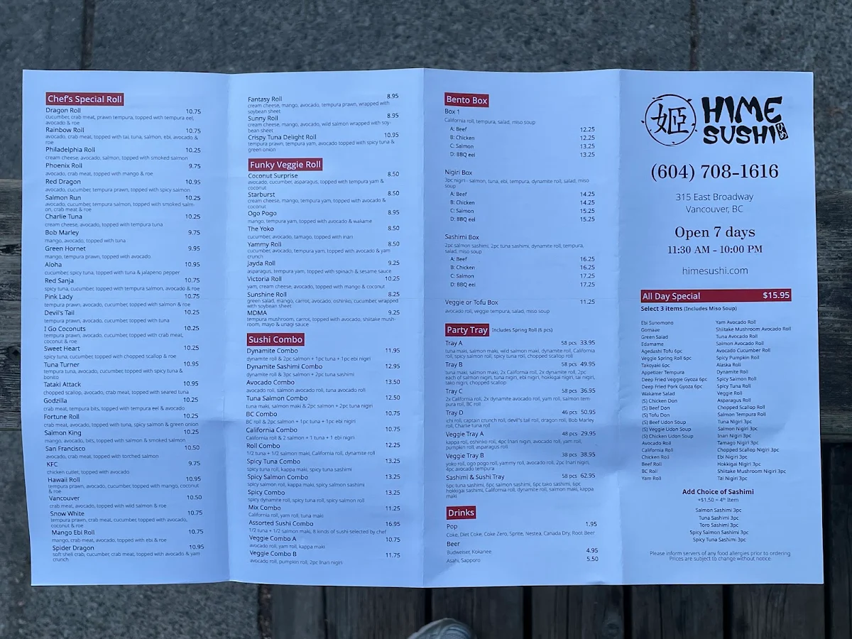Menu, Hime Sushi