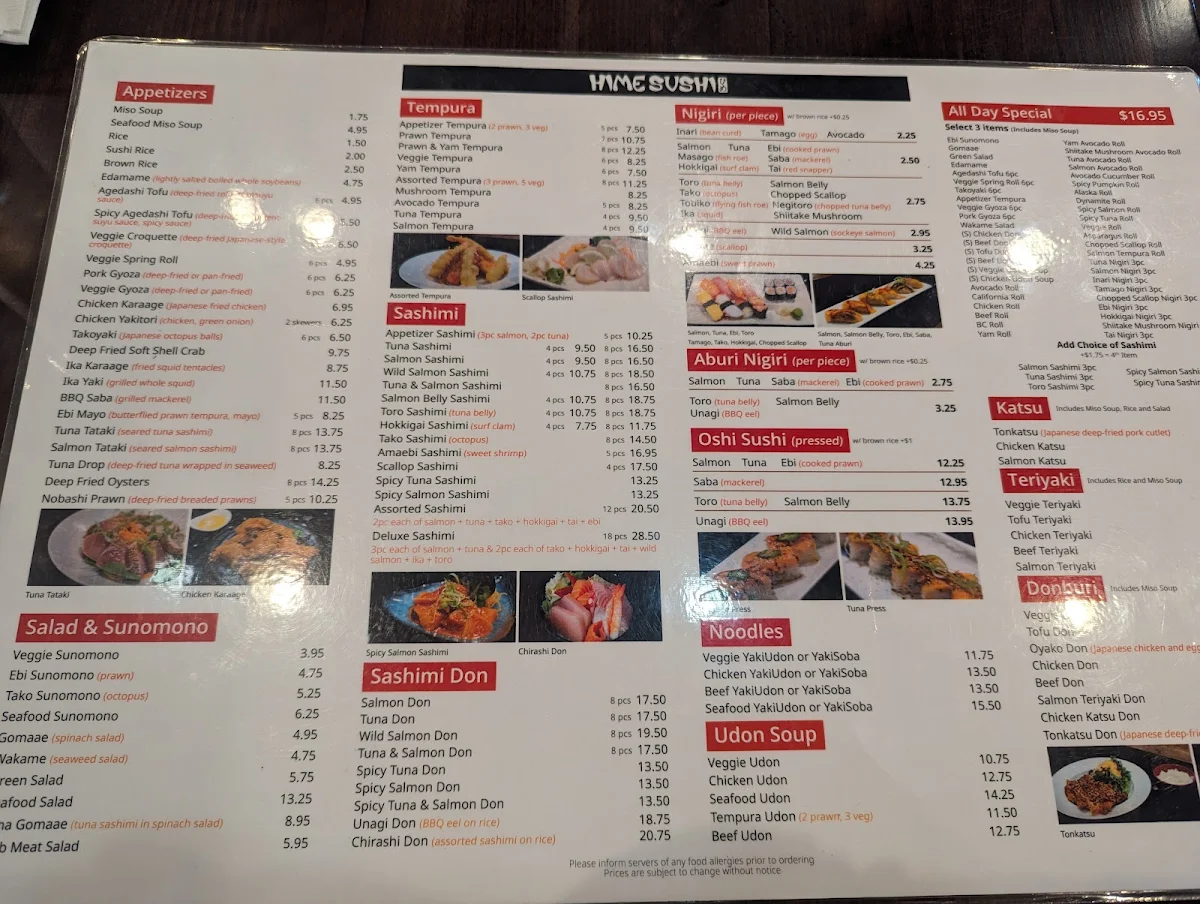 Menu, Hime Sushi