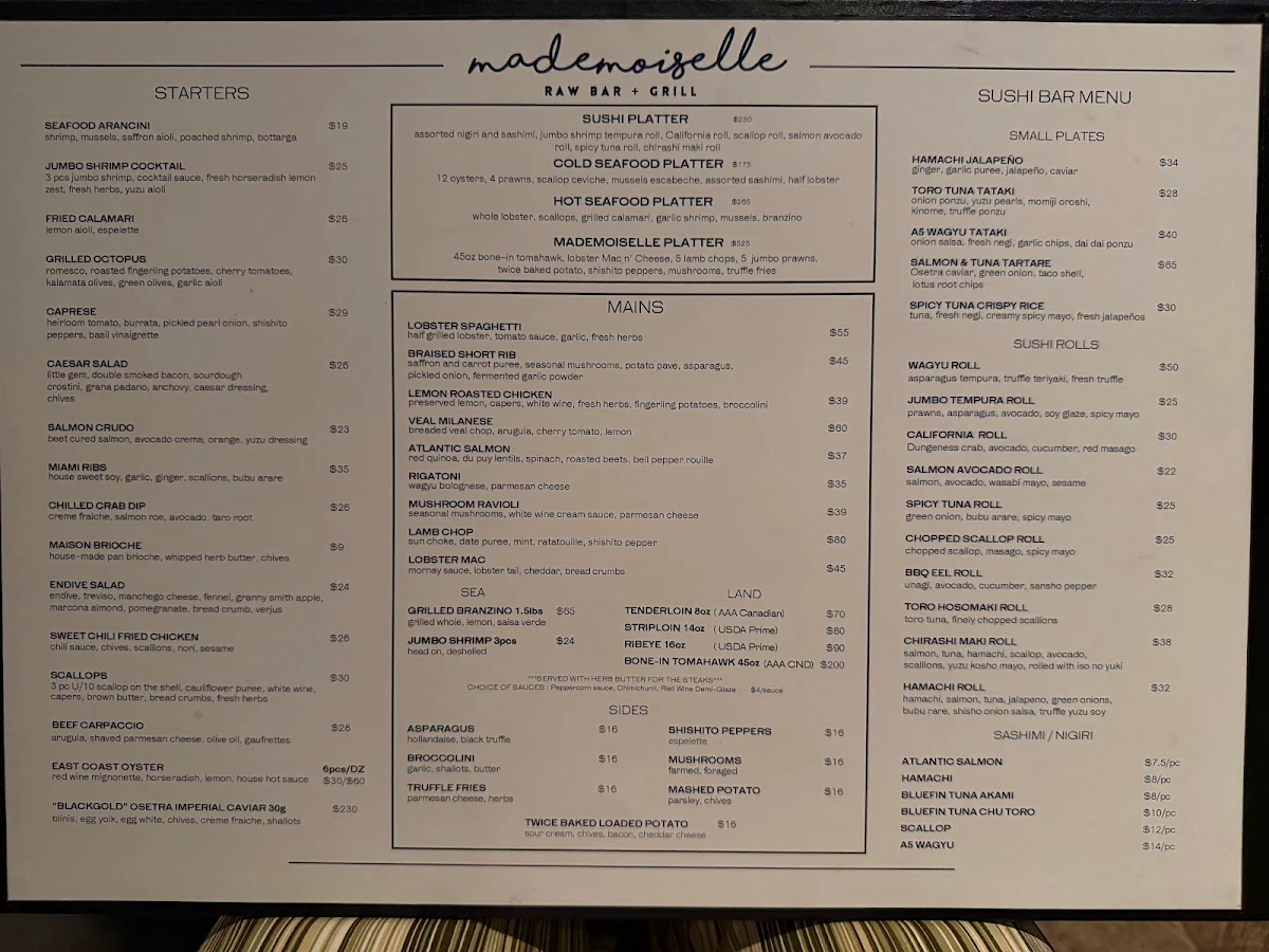 Menu, Mademoiselle Raw Bar + Grill
