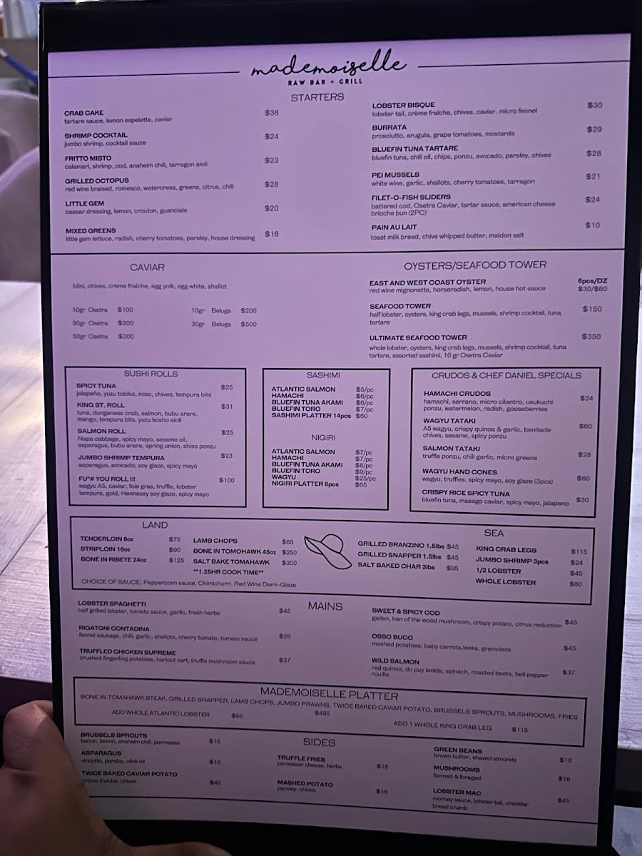 Menu, Mademoiselle Raw Bar + Grill