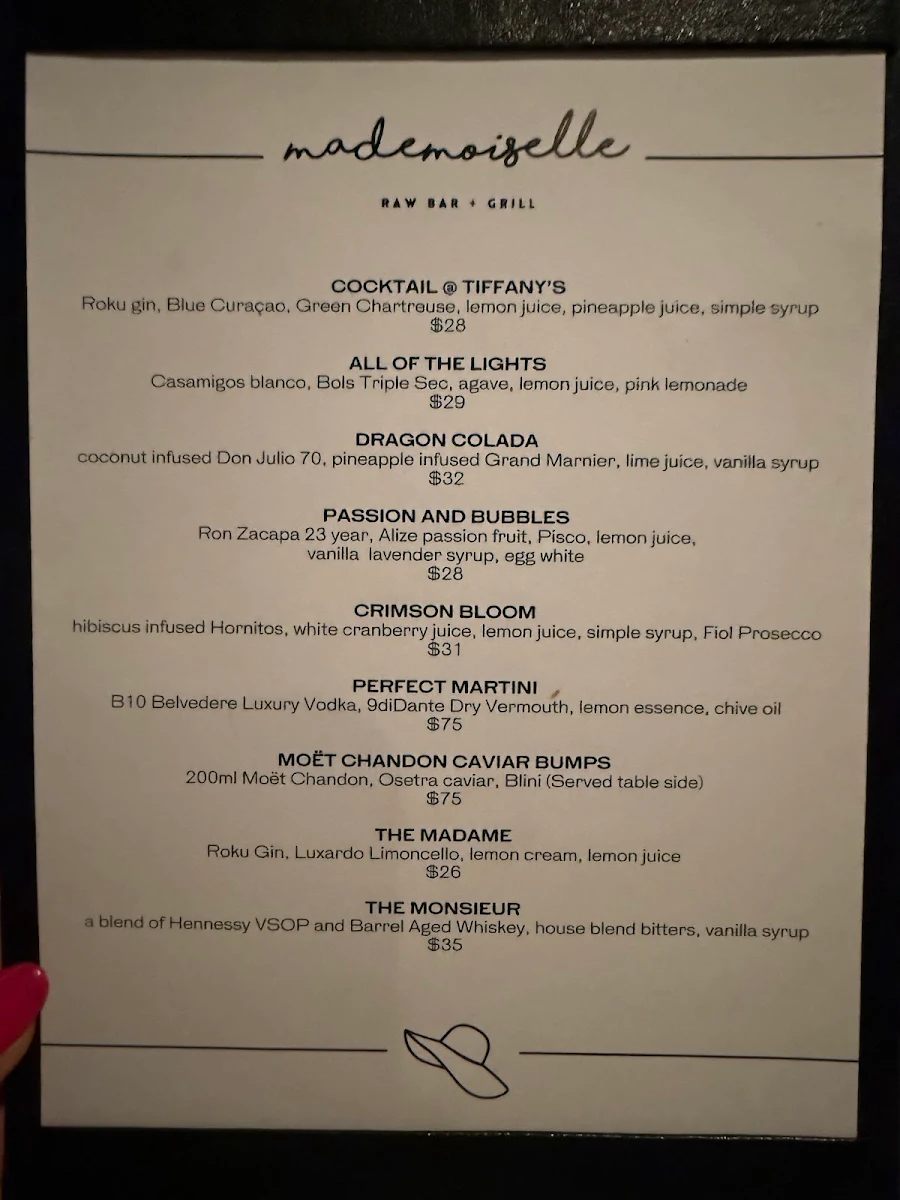 Menu, Mademoiselle Raw Bar + Grill