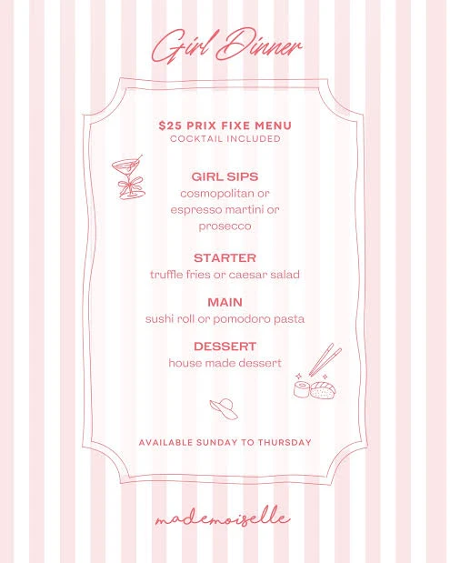 Menu, Mademoiselle Raw Bar + Grill