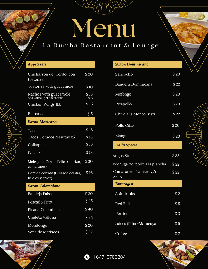 Menu, La Rumba Restaurant and Lounge