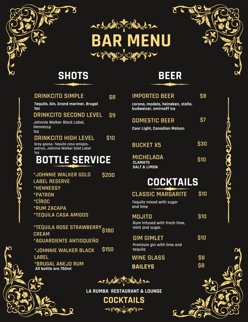 Menu, La Rumba Restaurant and Lounge