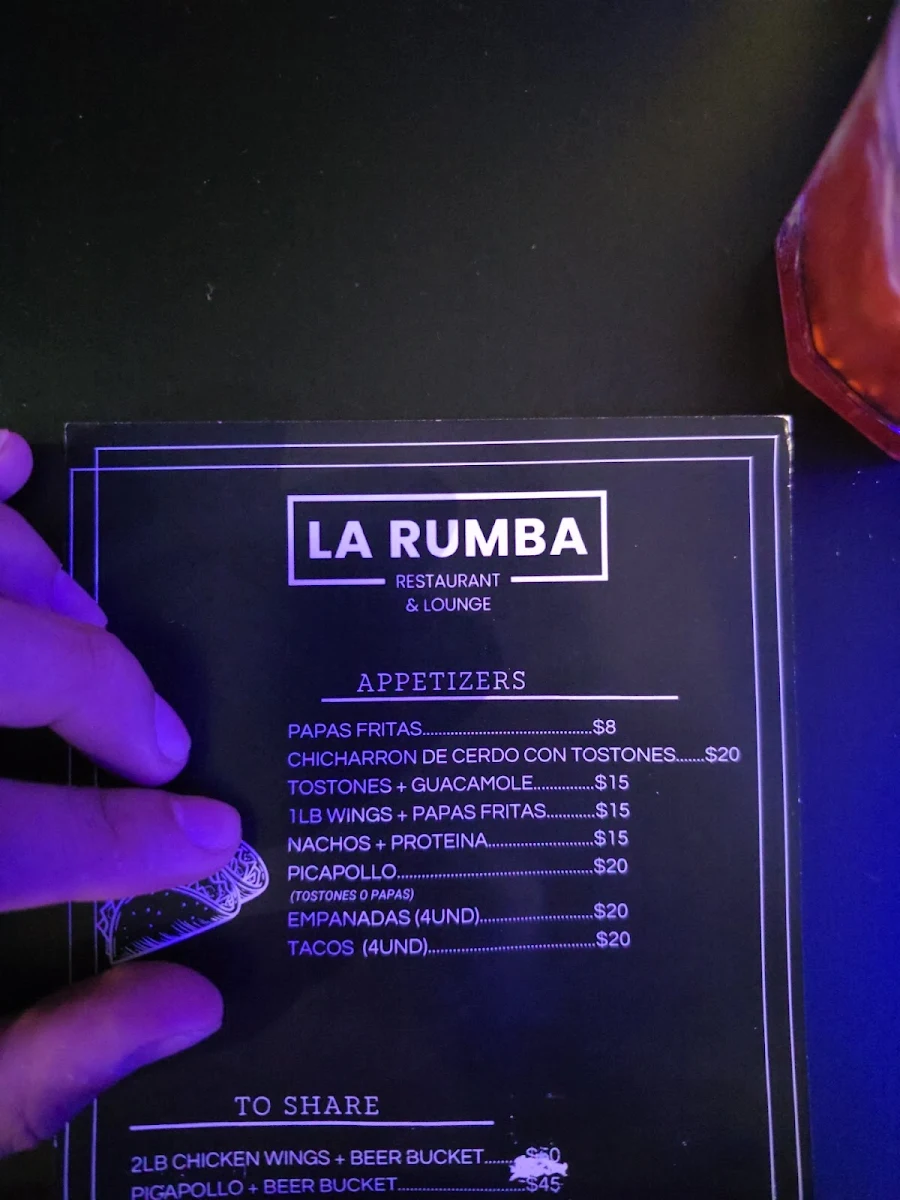 Menu, La Rumba Restaurant and Lounge