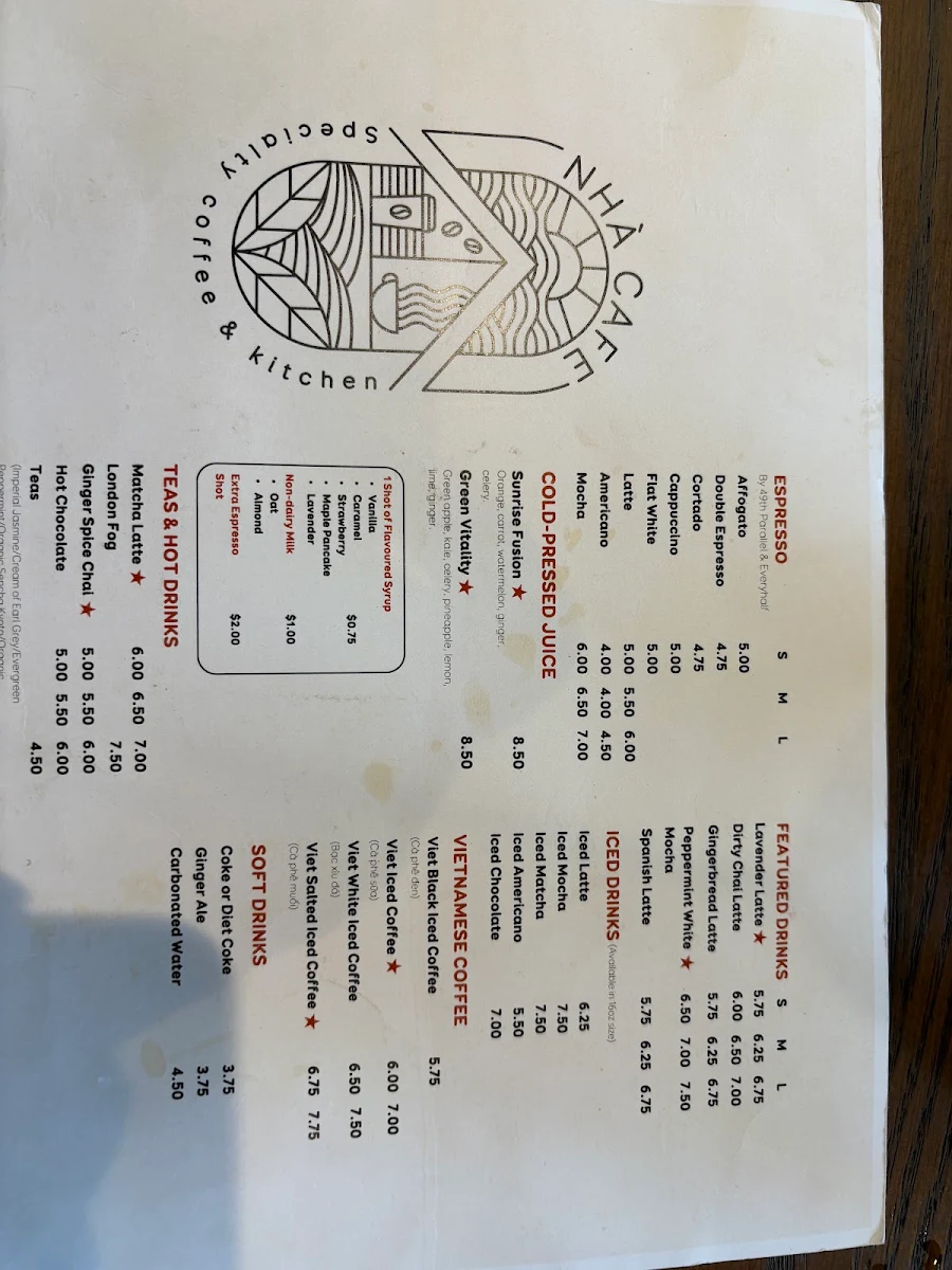 Menu, Nhà Specialty Coffee & Kitchen