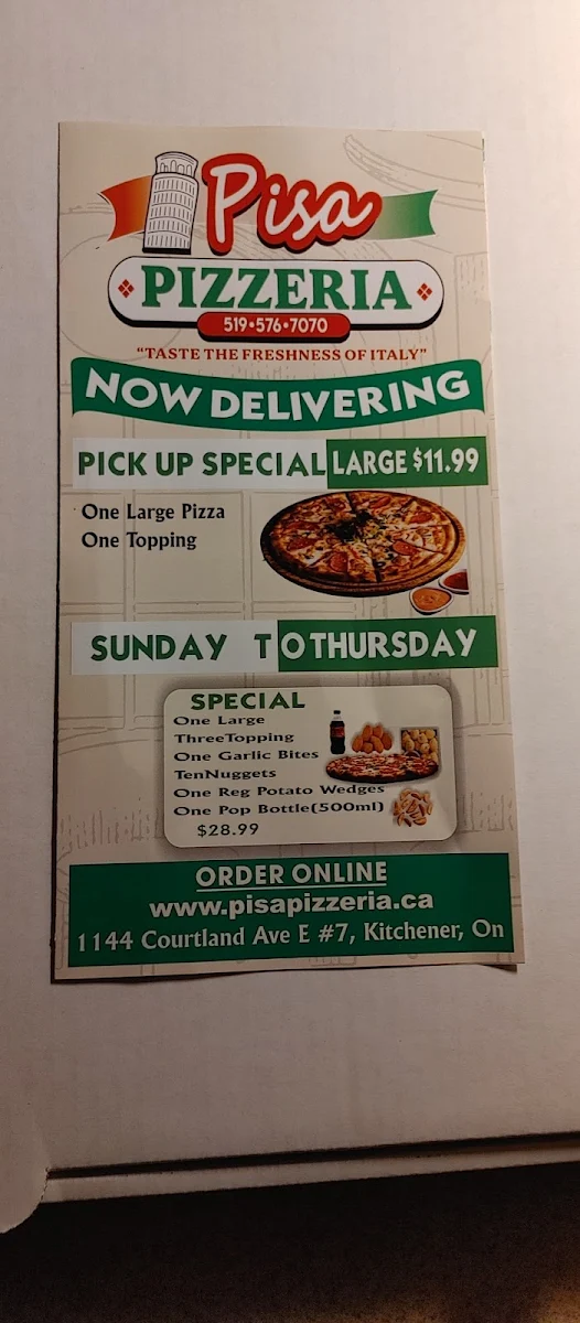 Menu, Pisa Pizzeria
