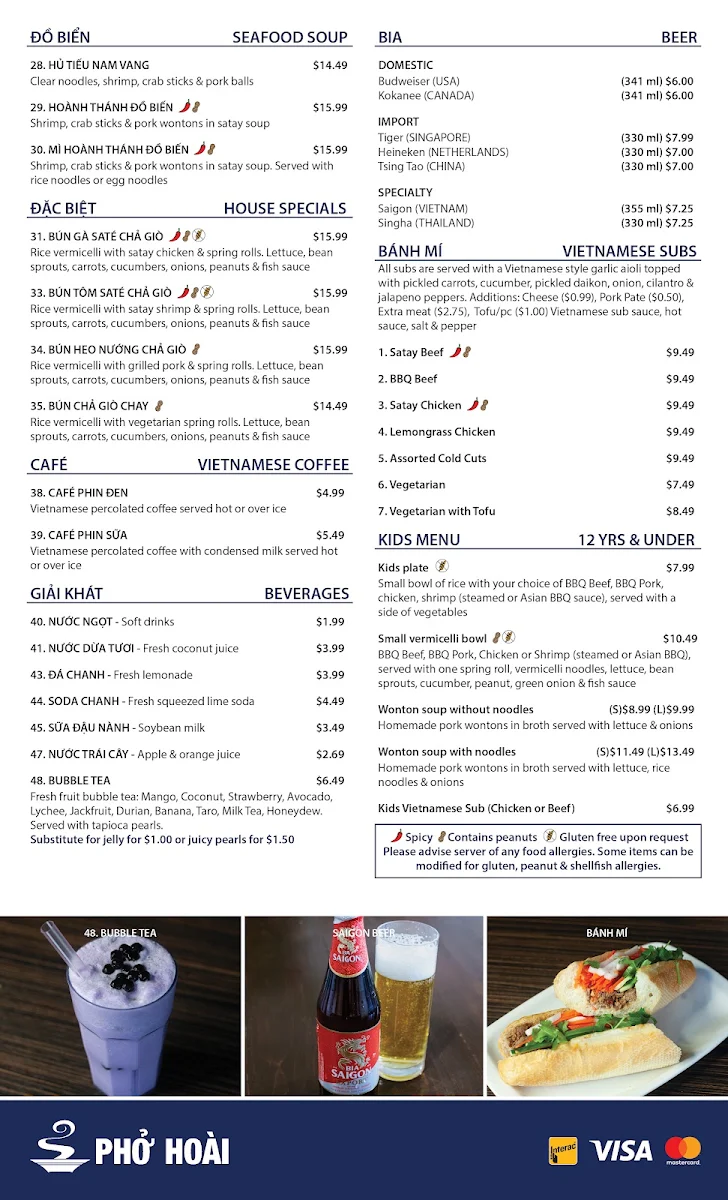 Menu, Pho Hoai Vietnamese Beef House Okotoks