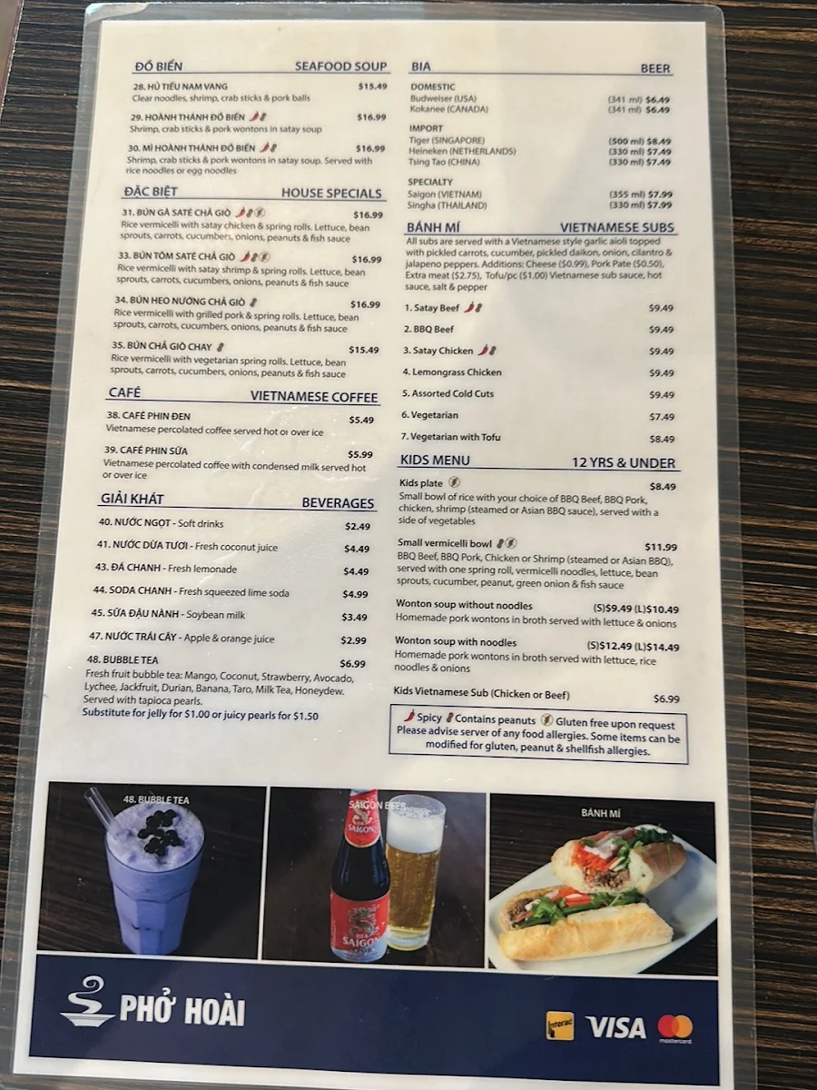 Menu, Pho Hoai Vietnamese Beef House Okotoks