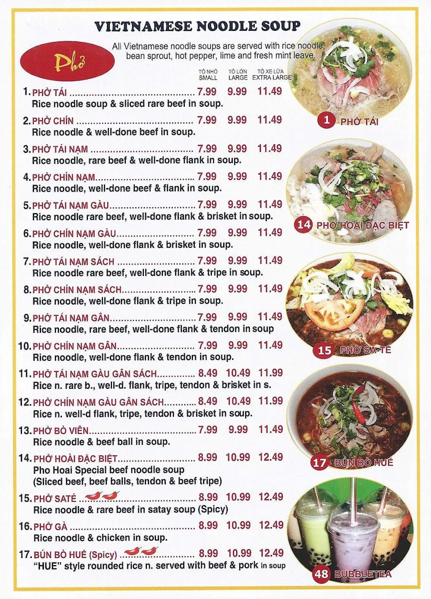 Menu, Pho Hoai Vietnamese Beef House Okotoks