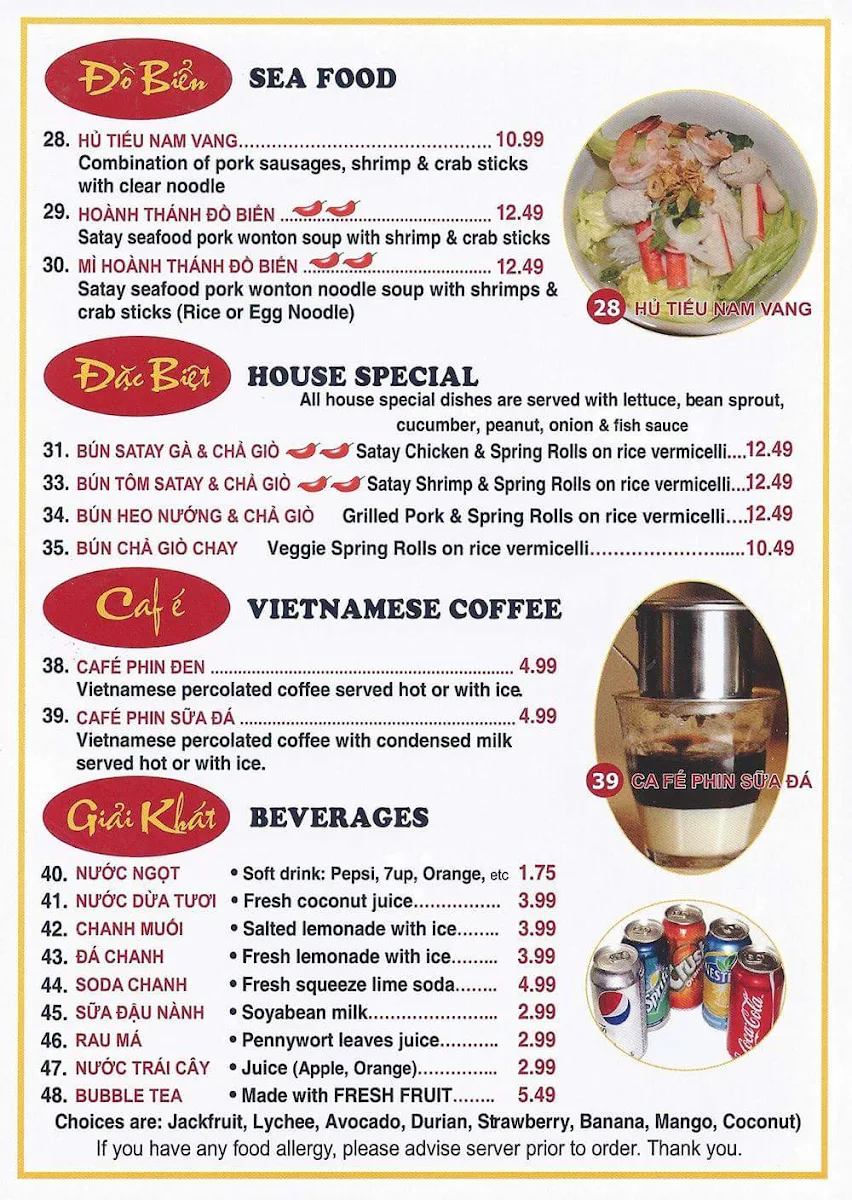 Menu, Pho Hoai Vietnamese Beef House Okotoks