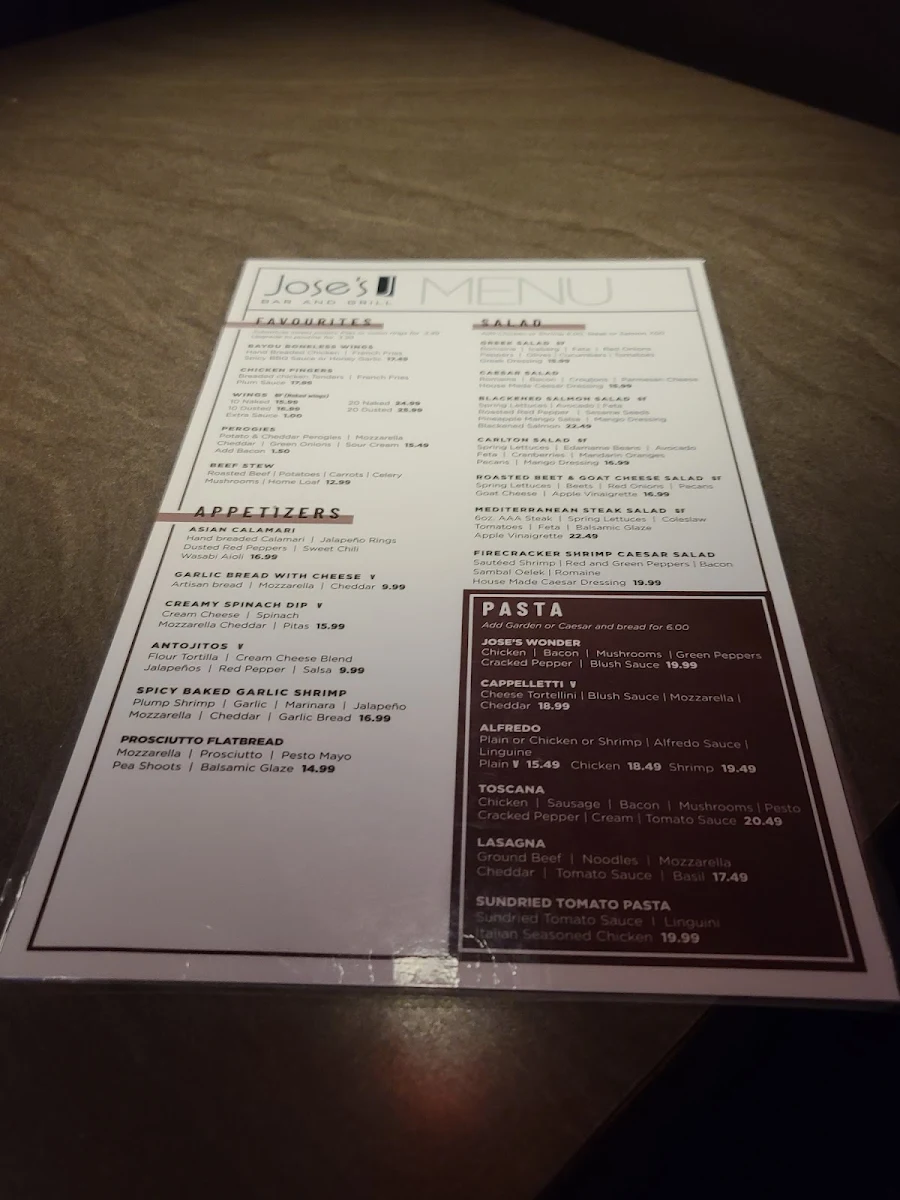 Menu, Jose’s Bar and Grill Leamington