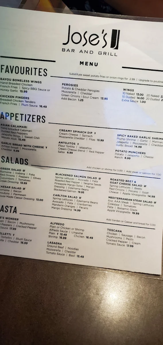 Menu, Jose’s Bar and Grill Leamington