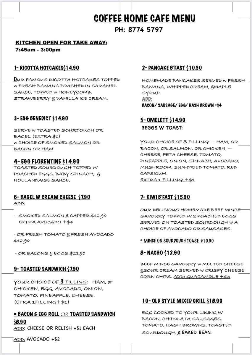 Menu, Coffee Home Cafe Seaford