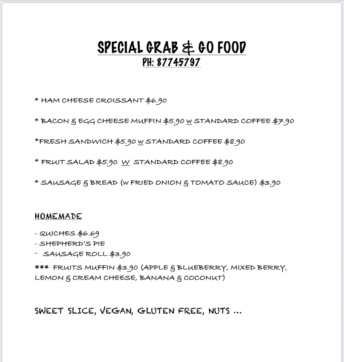 Menu, Coffee Home Cafe Seaford