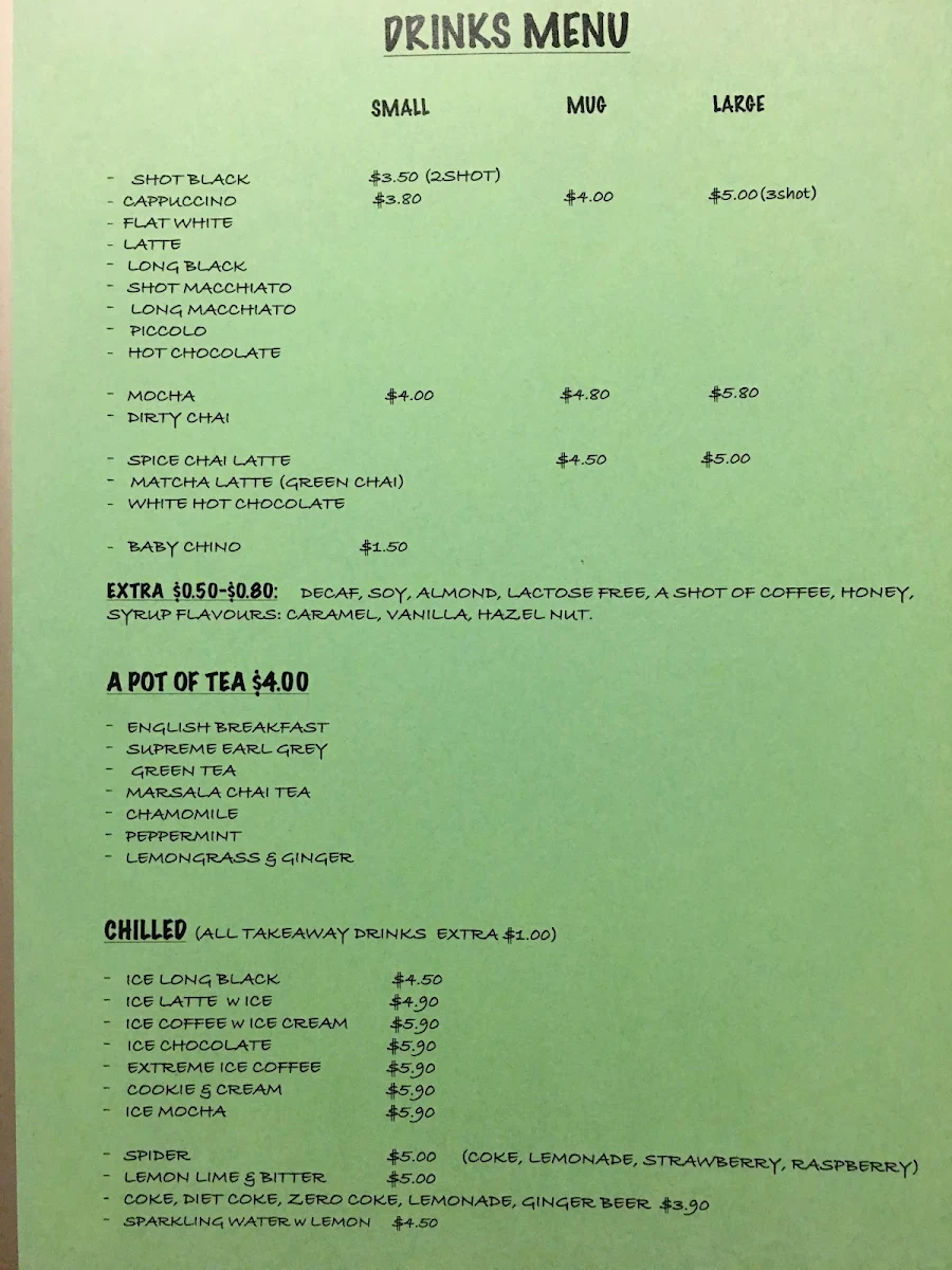 Menu, Coffee Home Cafe Seaford