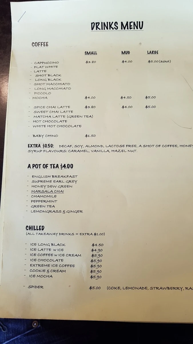 Menu, Coffee Home Cafe Seaford