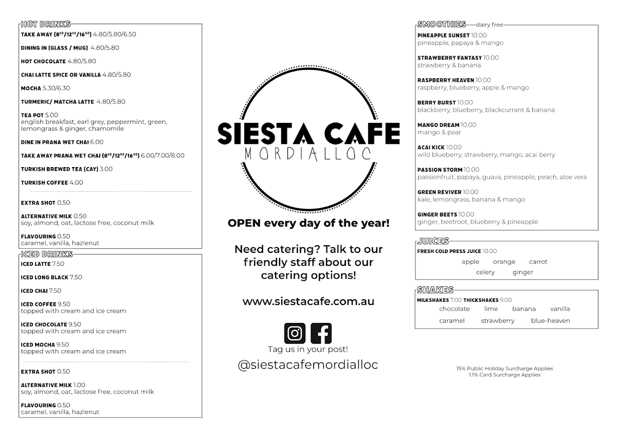 Menu, Siesta Cafe & Deli