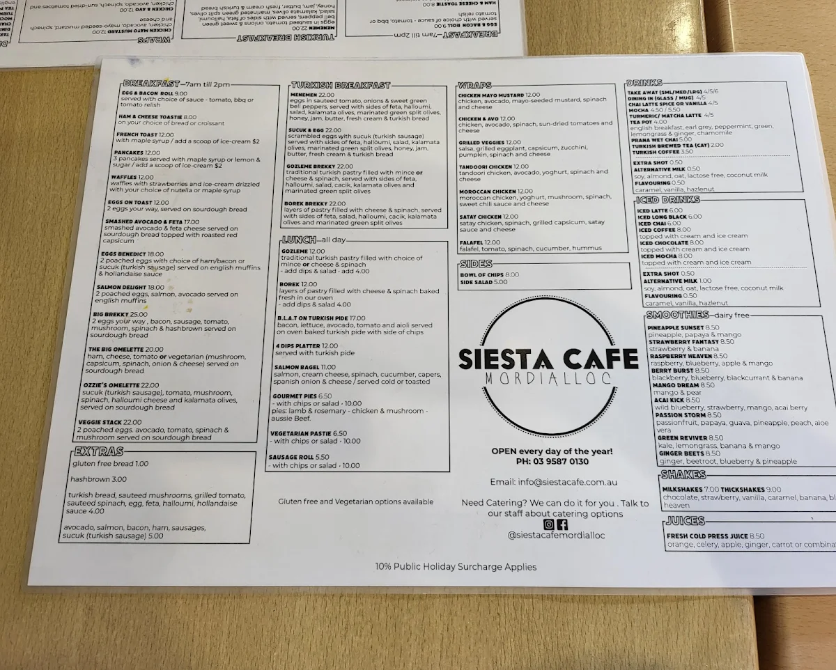 Menu, Siesta Cafe & Deli
