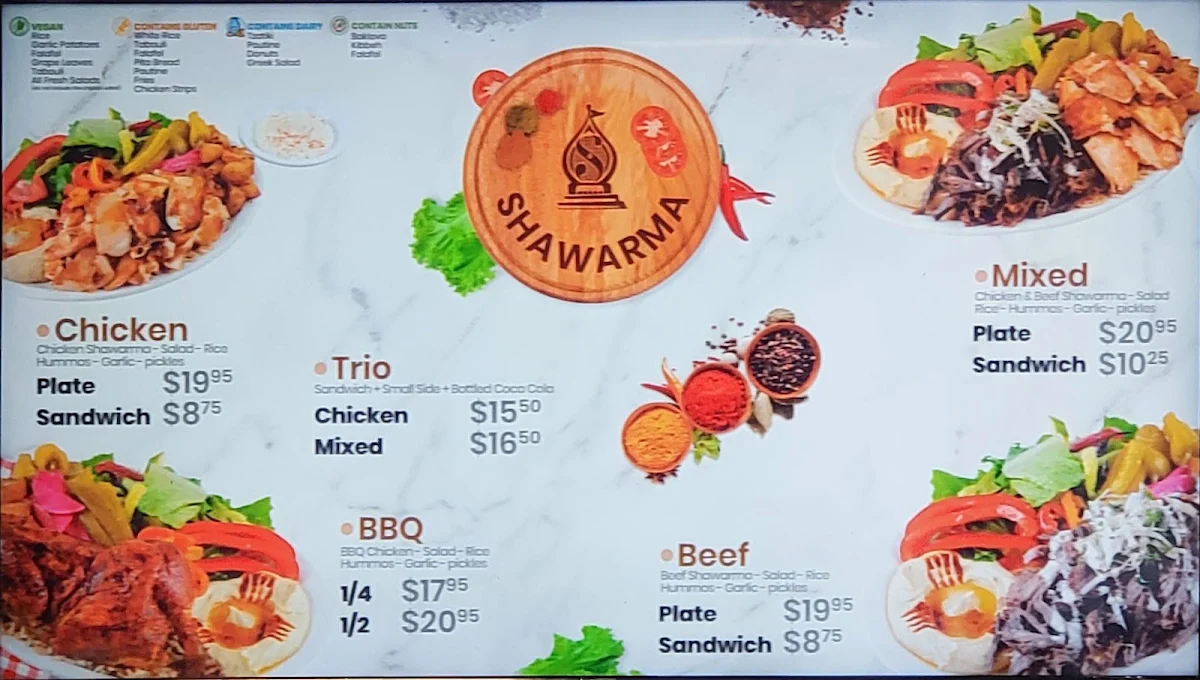 Menu, Shawarma Palace