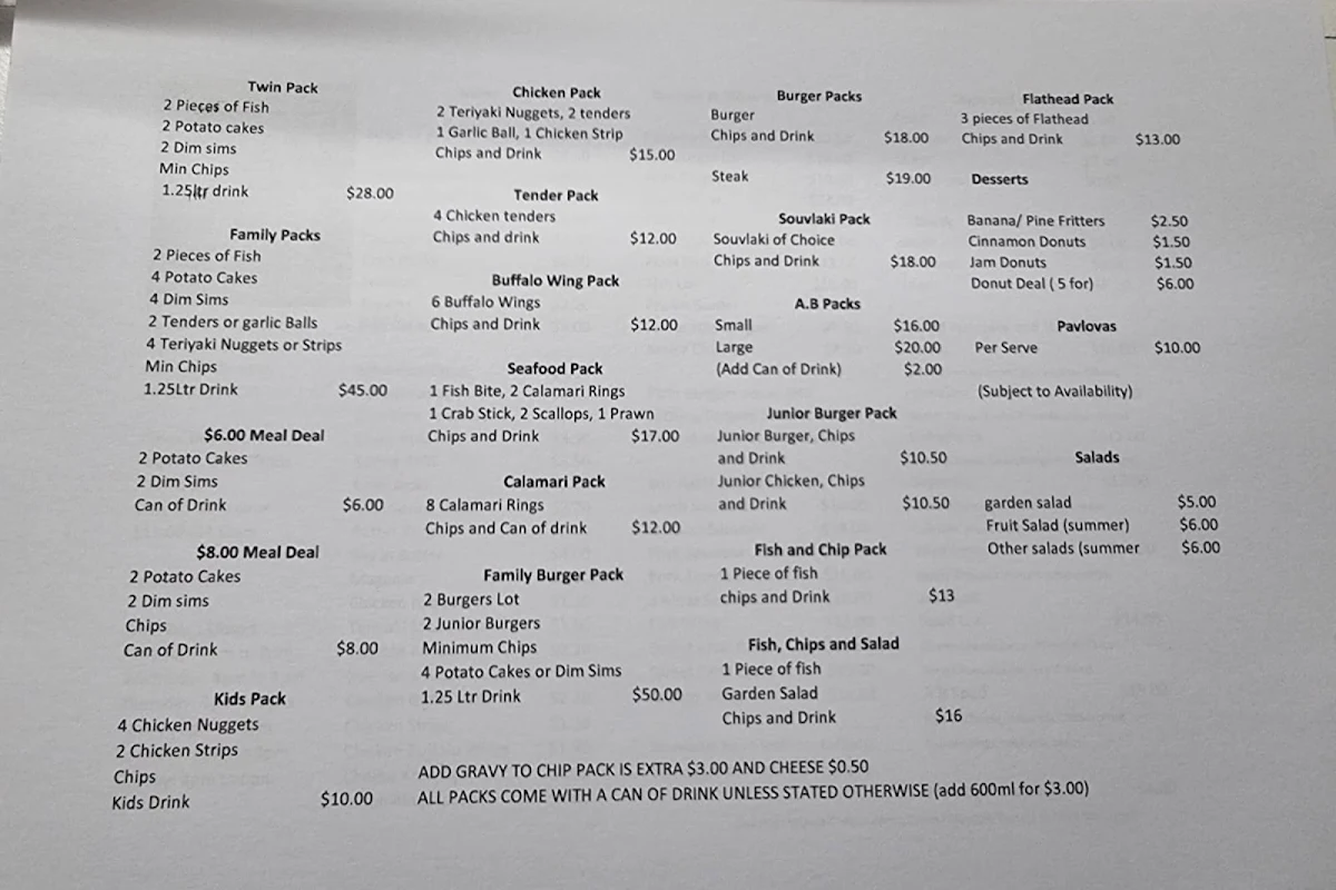 Menu, Portland Fish N Chips
