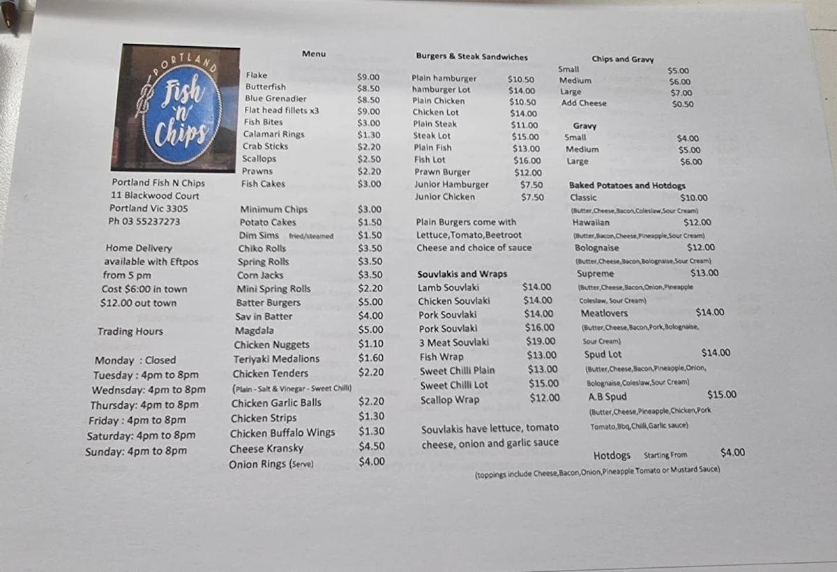 Menu, Portland Fish N Chips
