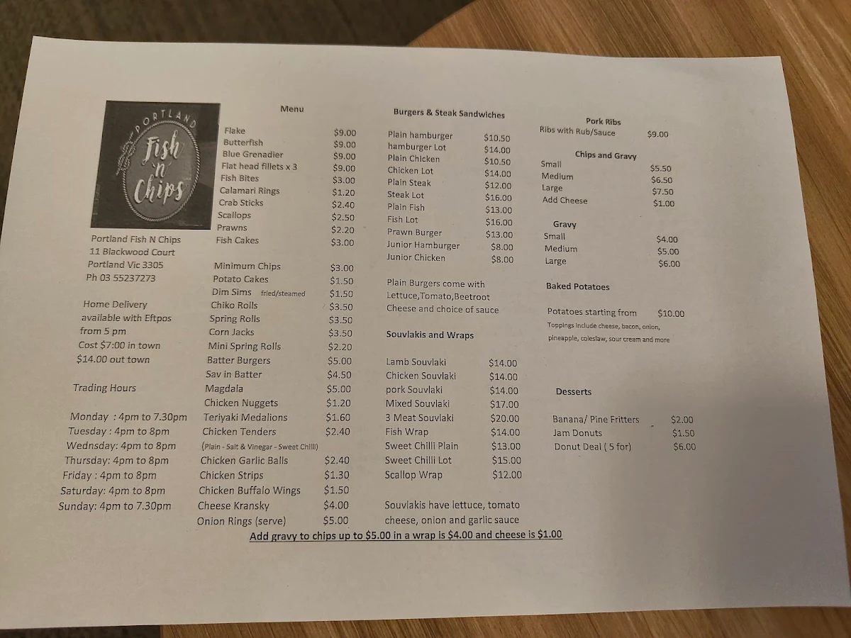 Menu, Portland Fish N Chips