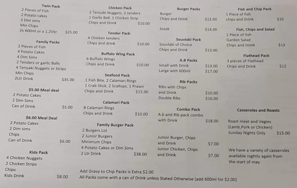 Menu, Portland Fish N Chips
