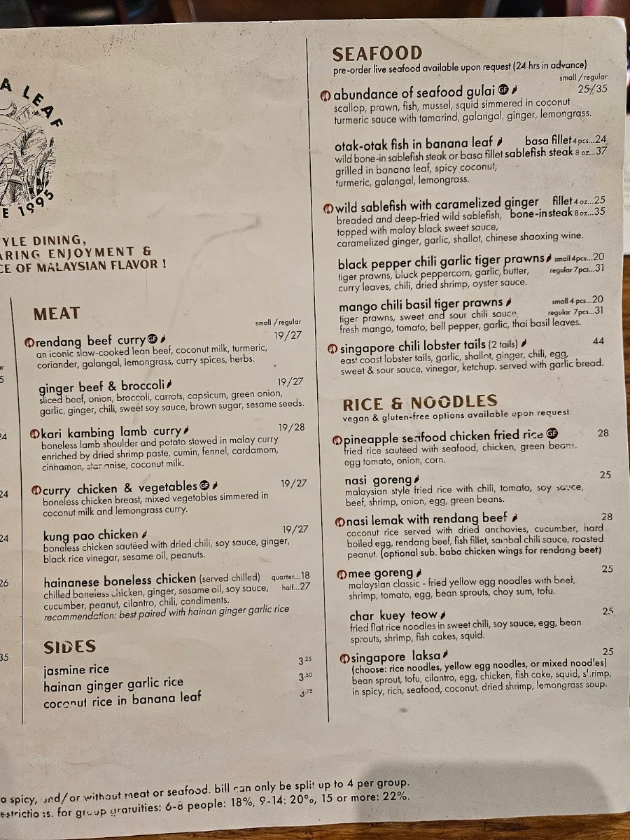 Menu, Banana Leaf on Robson