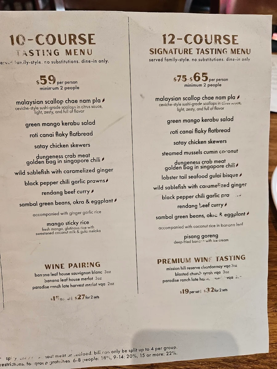 Menu, Banana Leaf on Robson