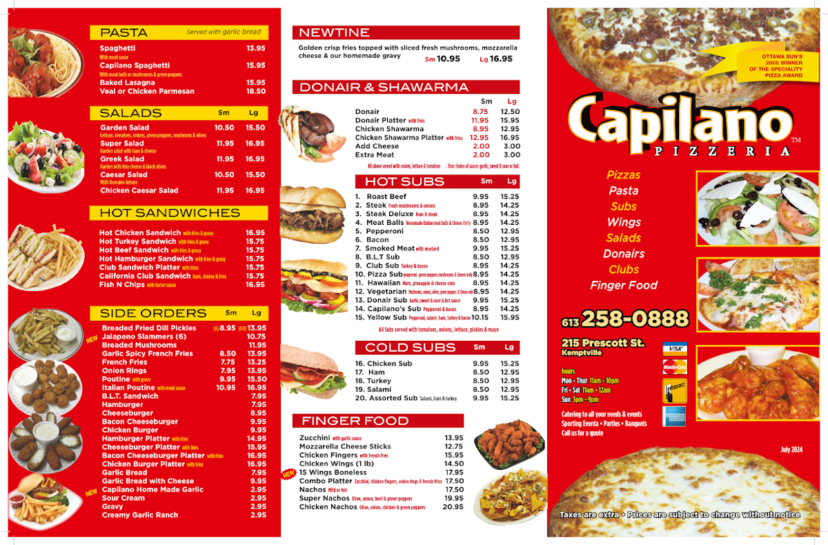 Menu, Capilano Pizzeria