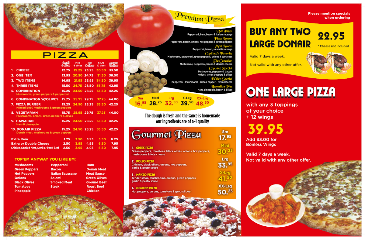 Menu, Capilano Pizzeria