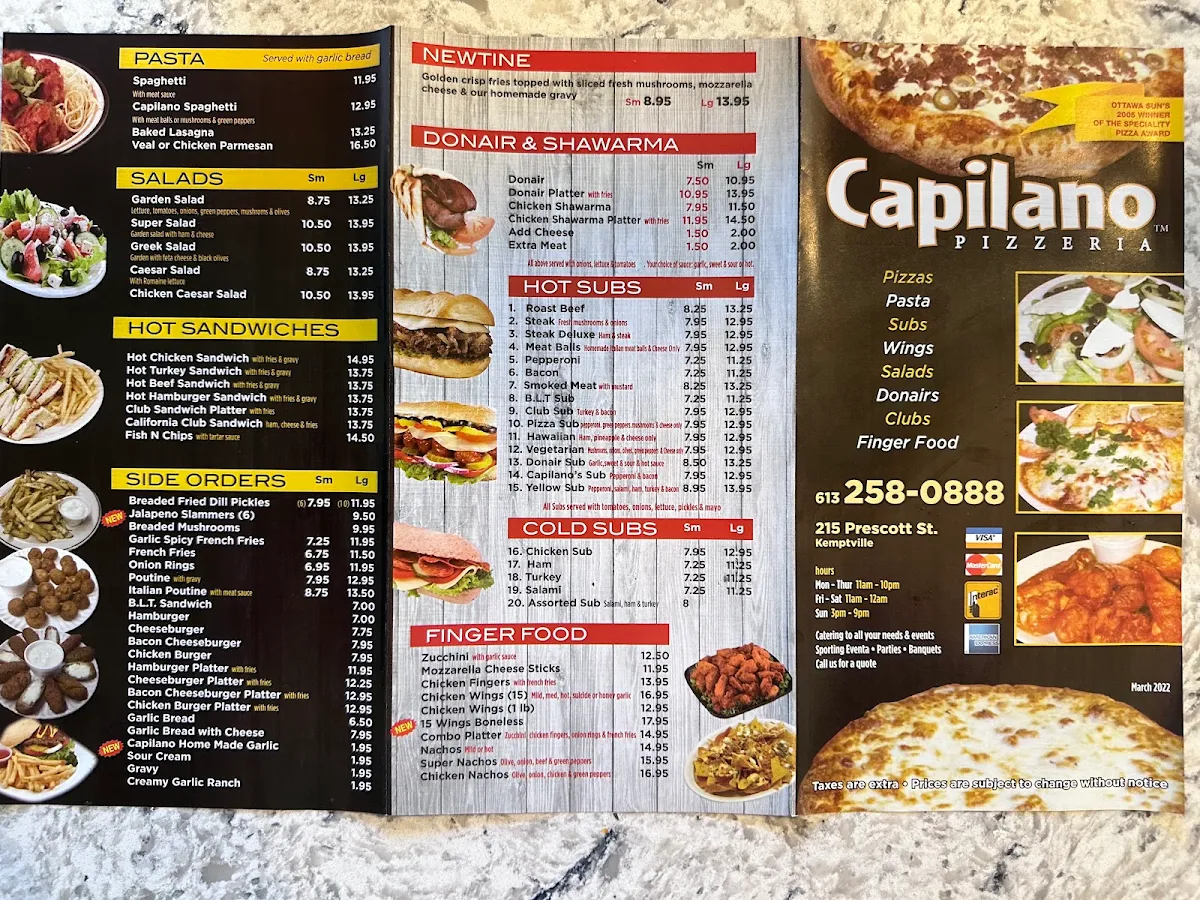 Menu, Capilano Pizzeria