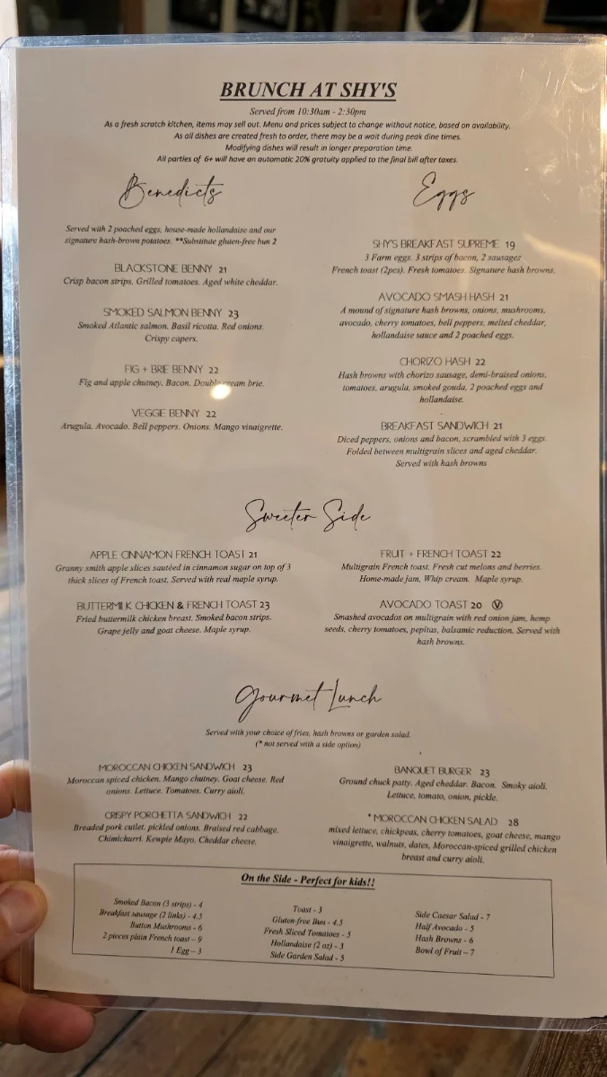 Menu, Shy's Place Restaurant