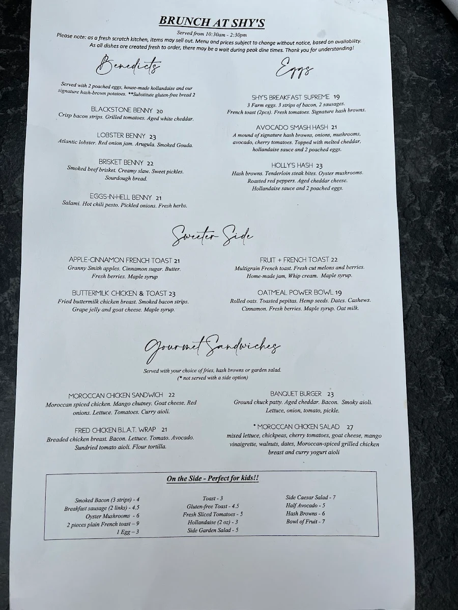 Menu, Shy's Place Restaurant