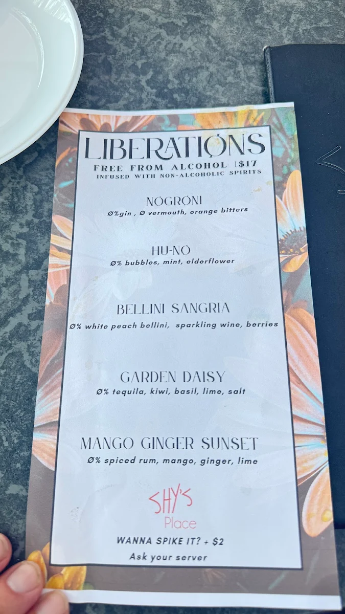 Menu, Shy's Place Restaurant