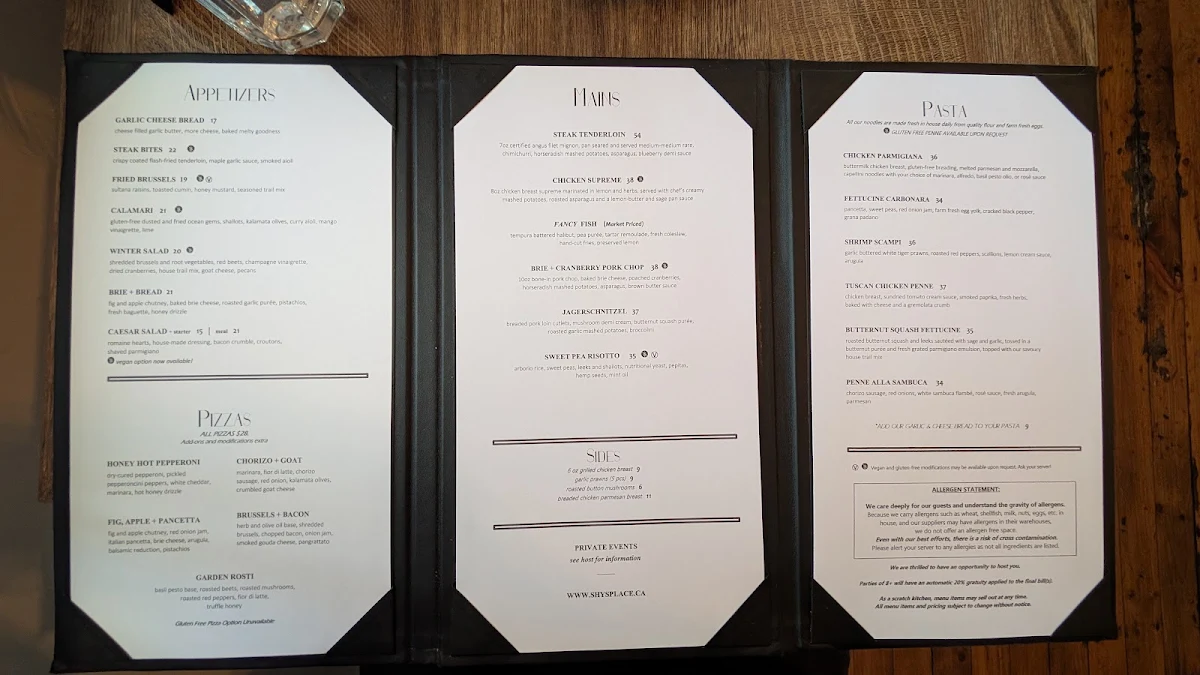 Menu, Shy's Place Restaurant