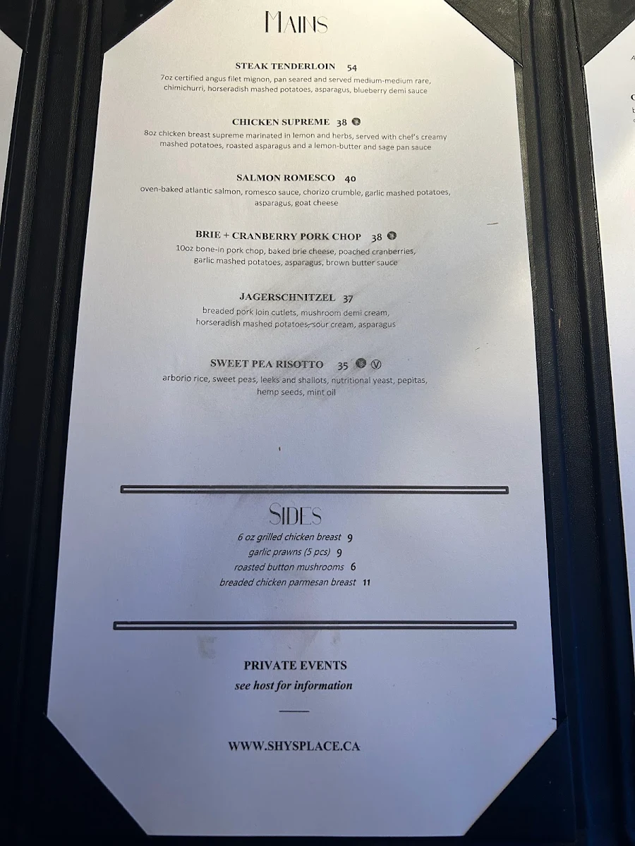 Menu, Shy's Place Restaurant