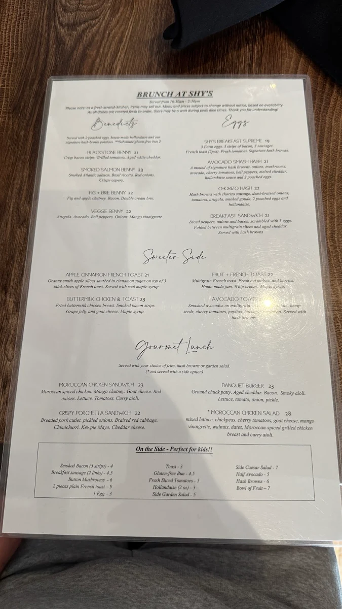 Menu, Shy's Place Restaurant