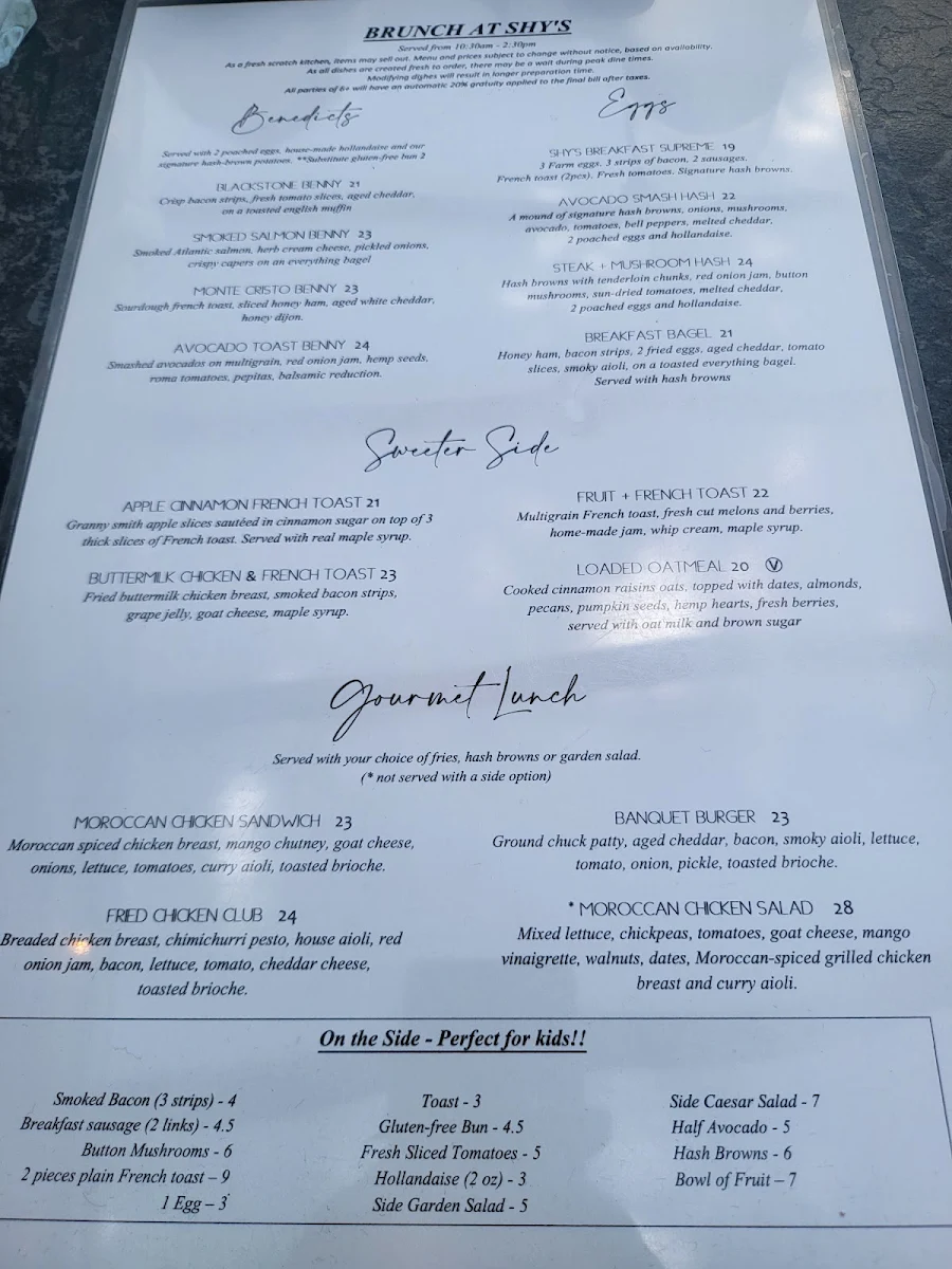 Menu, Shy's Place Restaurant