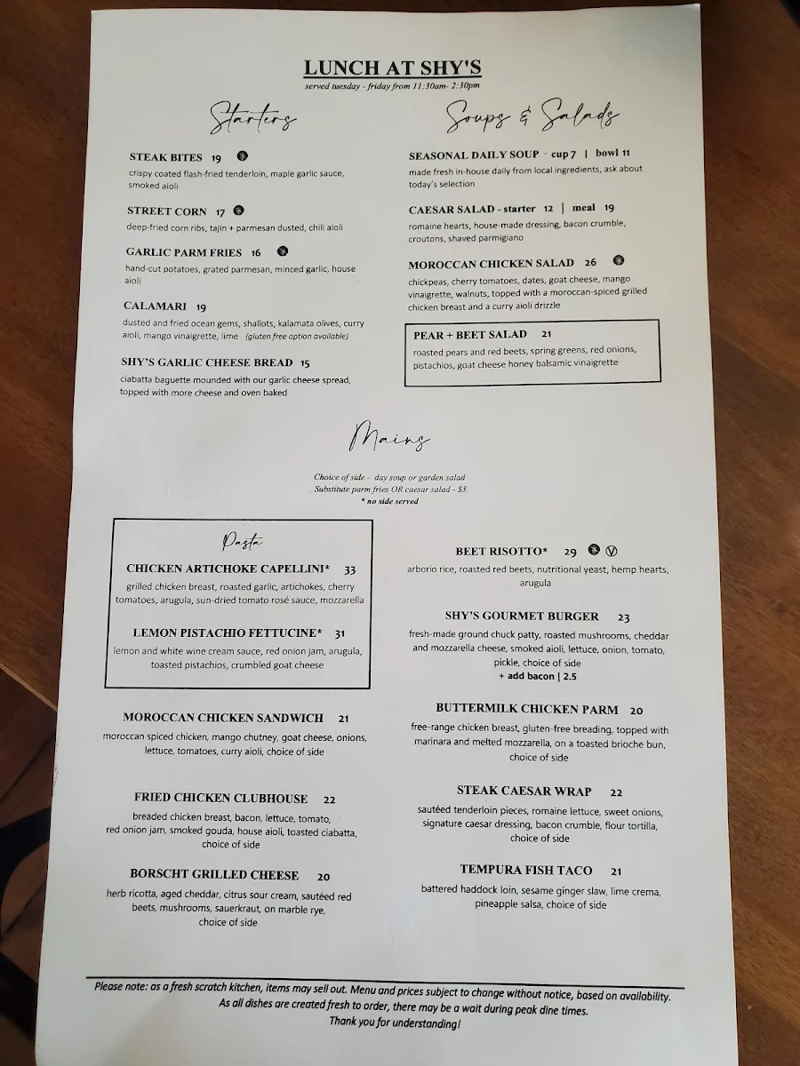 Menu, Shy's Place Restaurant