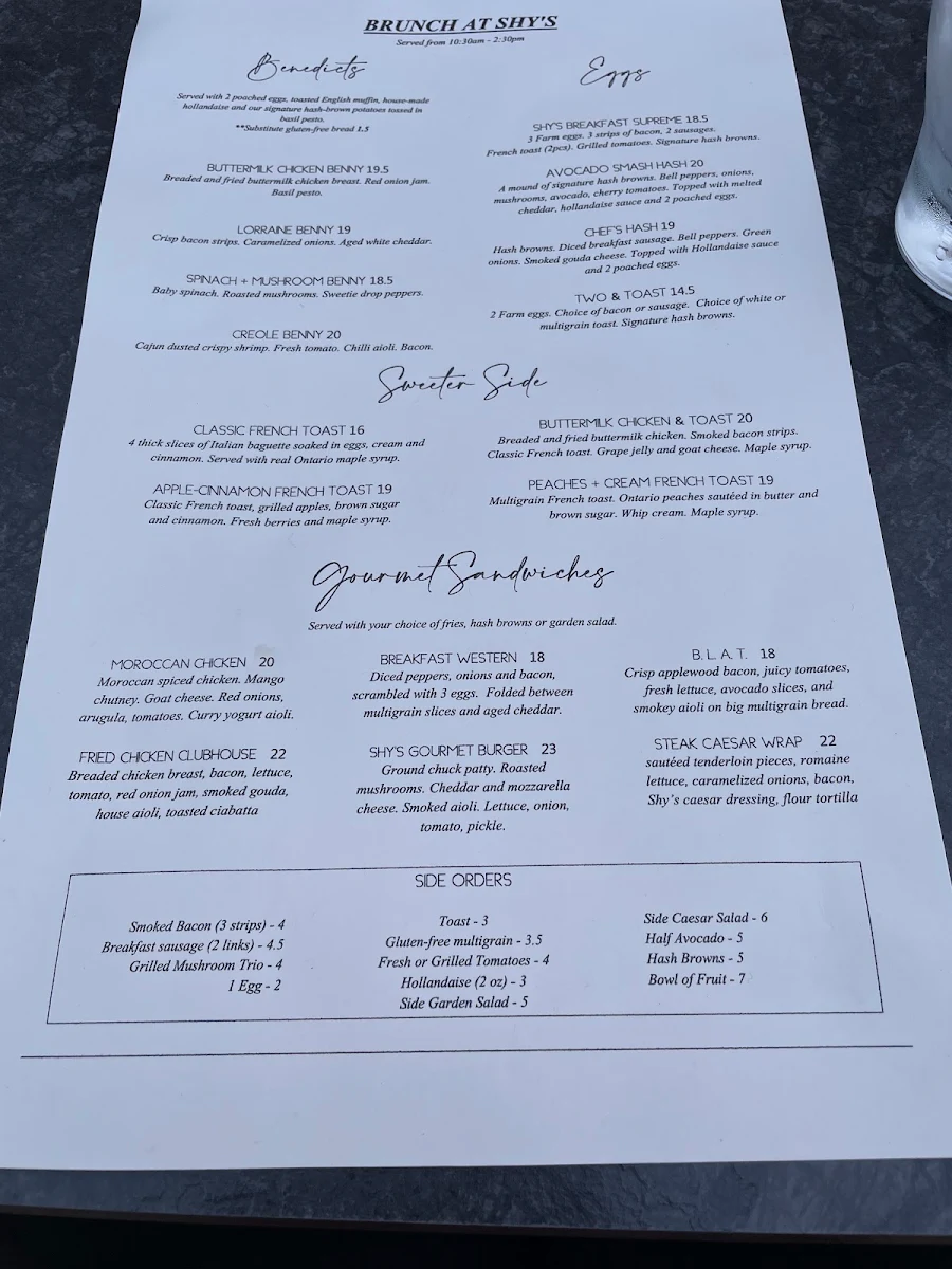 Menu, Shy's Place Restaurant
