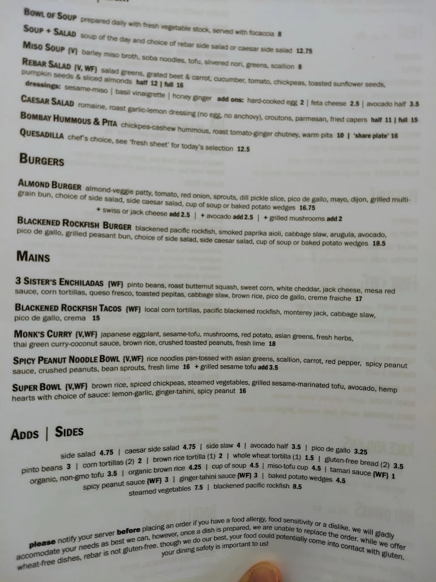 Menu, Urban Rebar