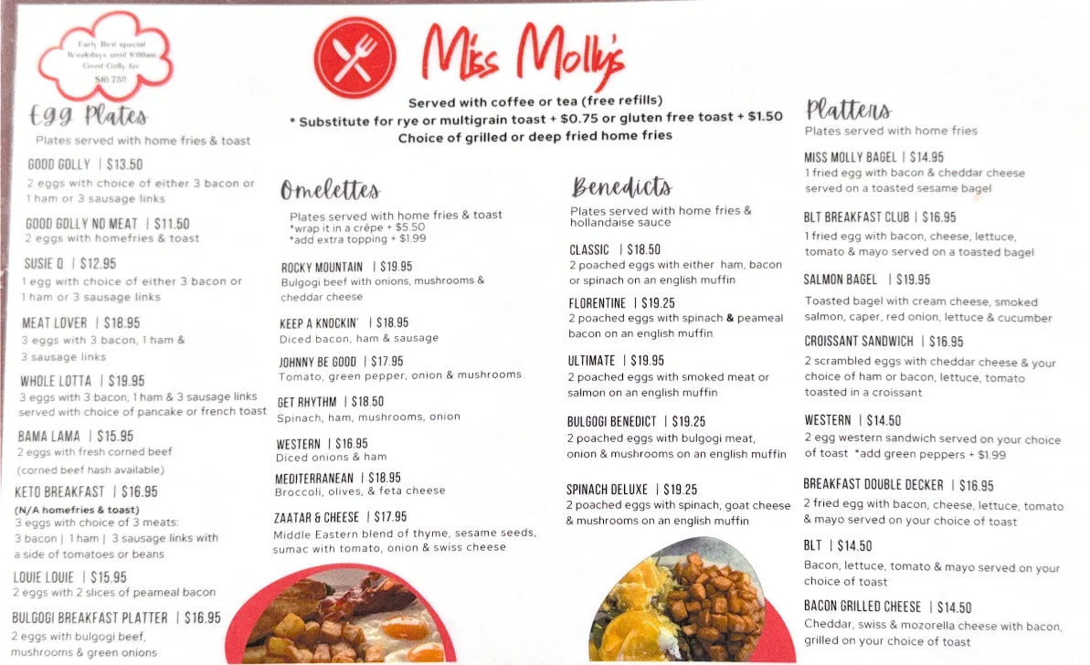 Menu, Miss Molly's Diner