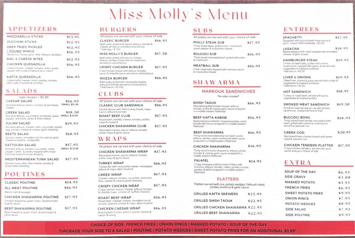 Menu, Miss Molly's Diner