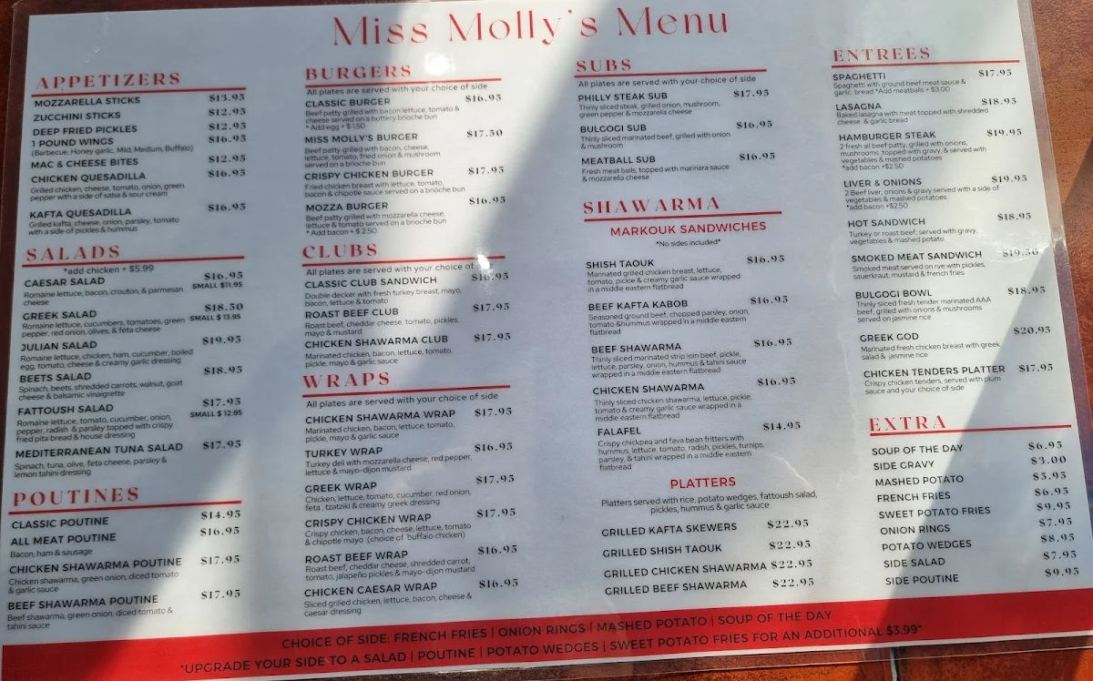 Menu, Miss Molly's Diner