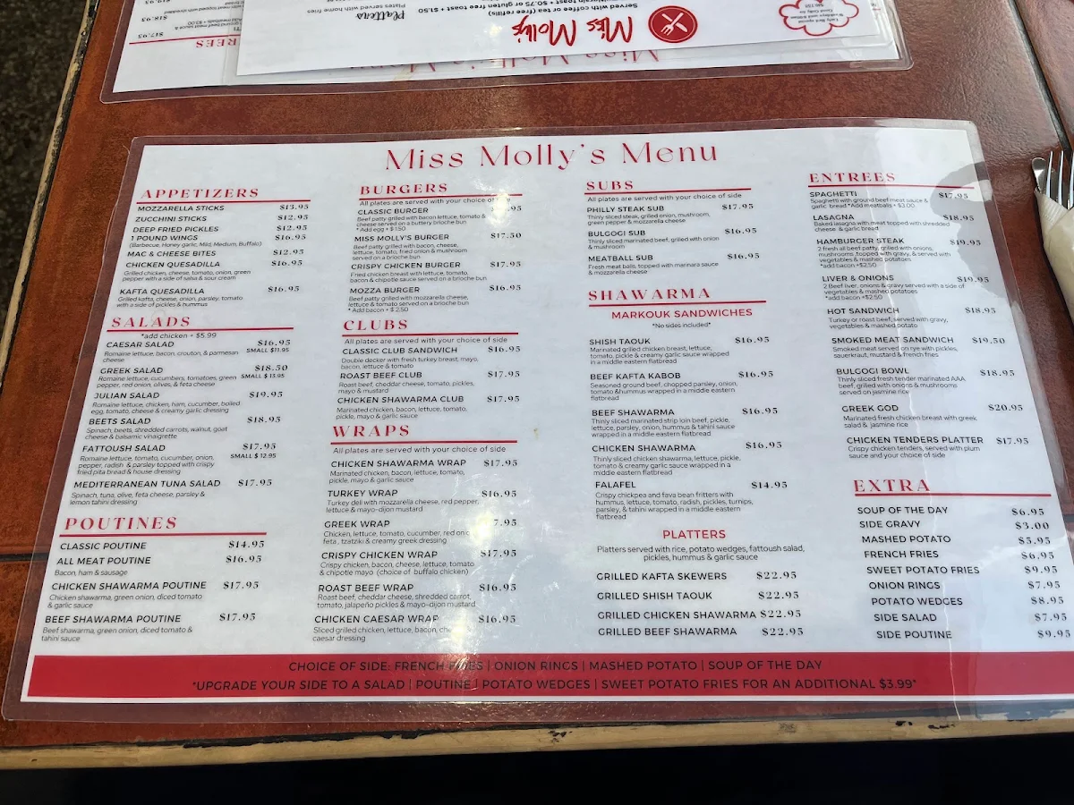 Menu, Miss Molly's Diner