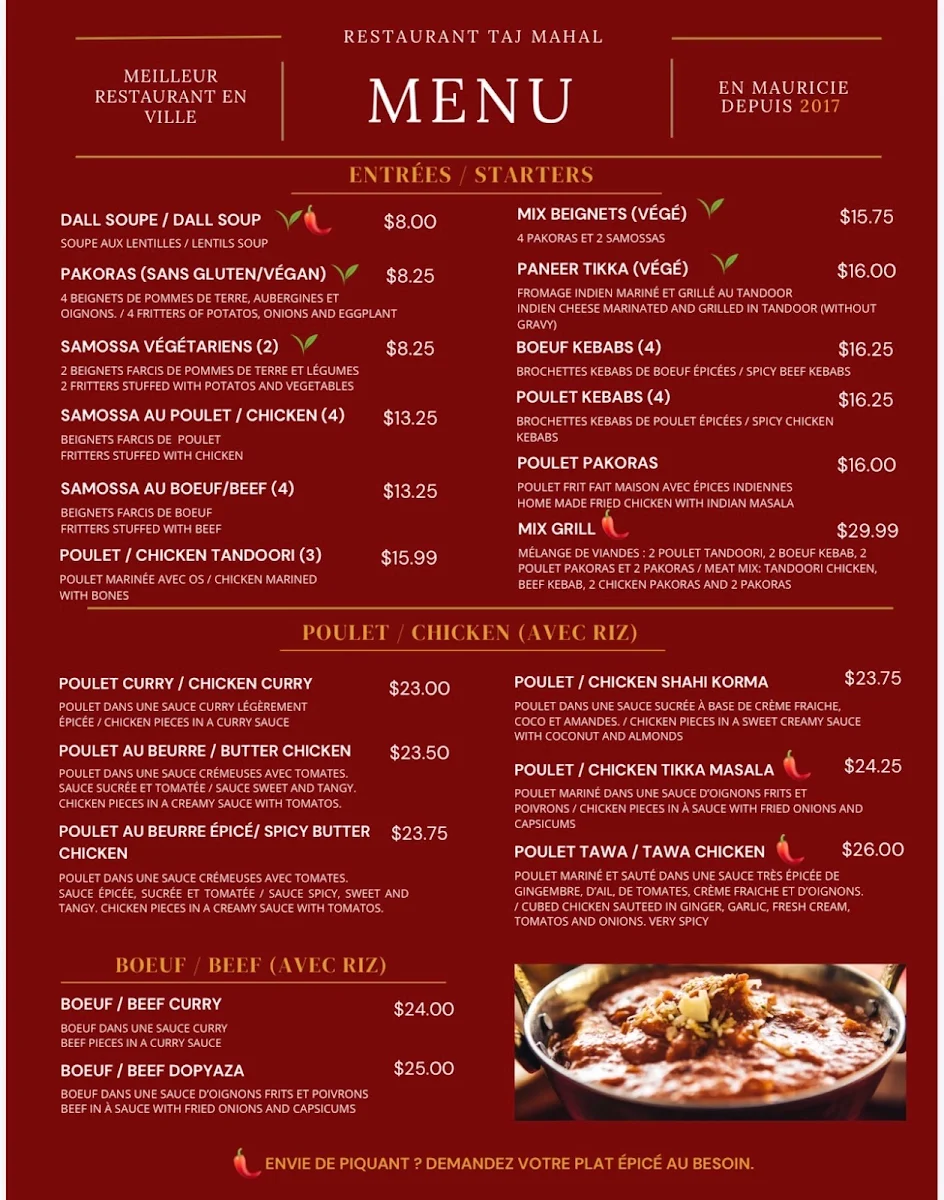 Menu, Restaurant Taj Mahal - Cuisine Fine - Apportez votre vin