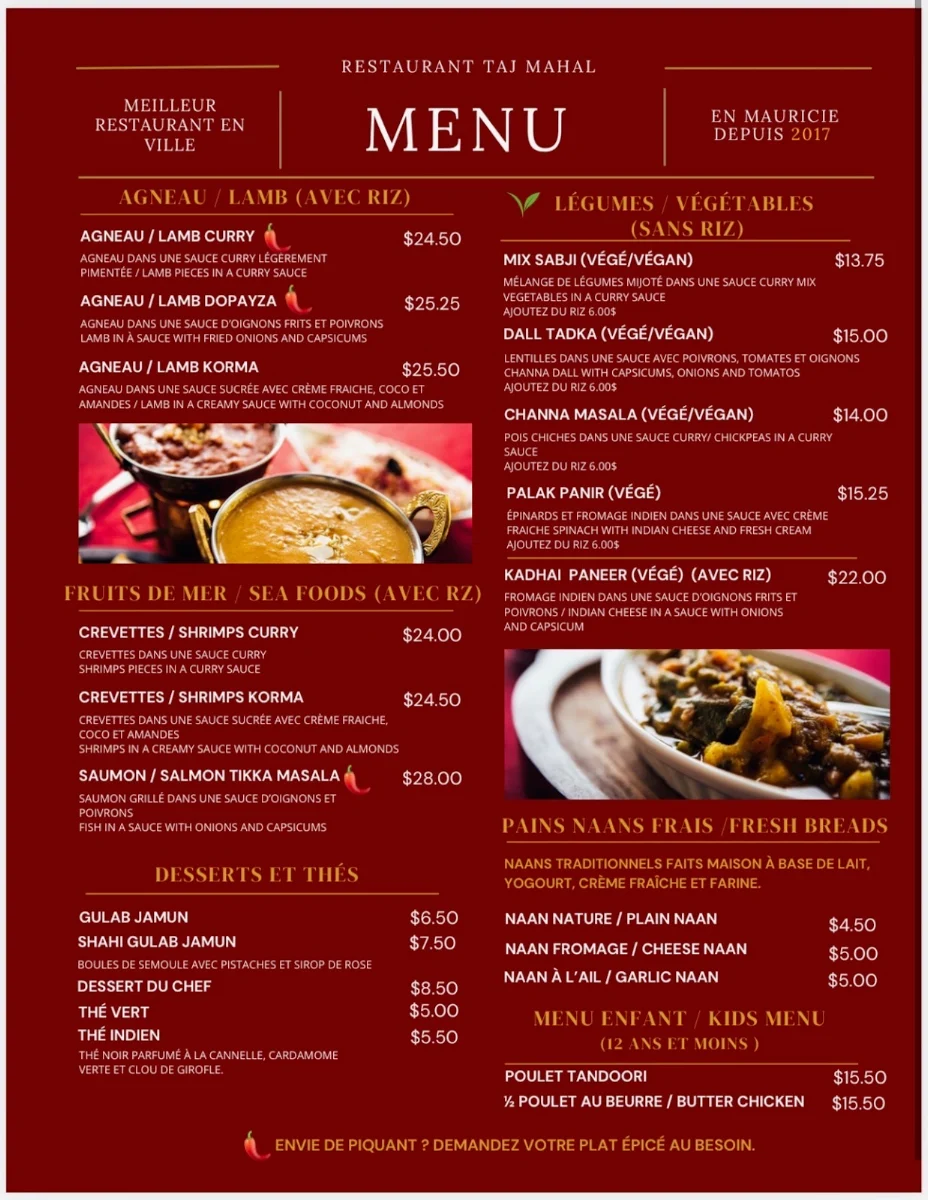Menu, Restaurant Taj Mahal - Cuisine Fine - Apportez votre vin
