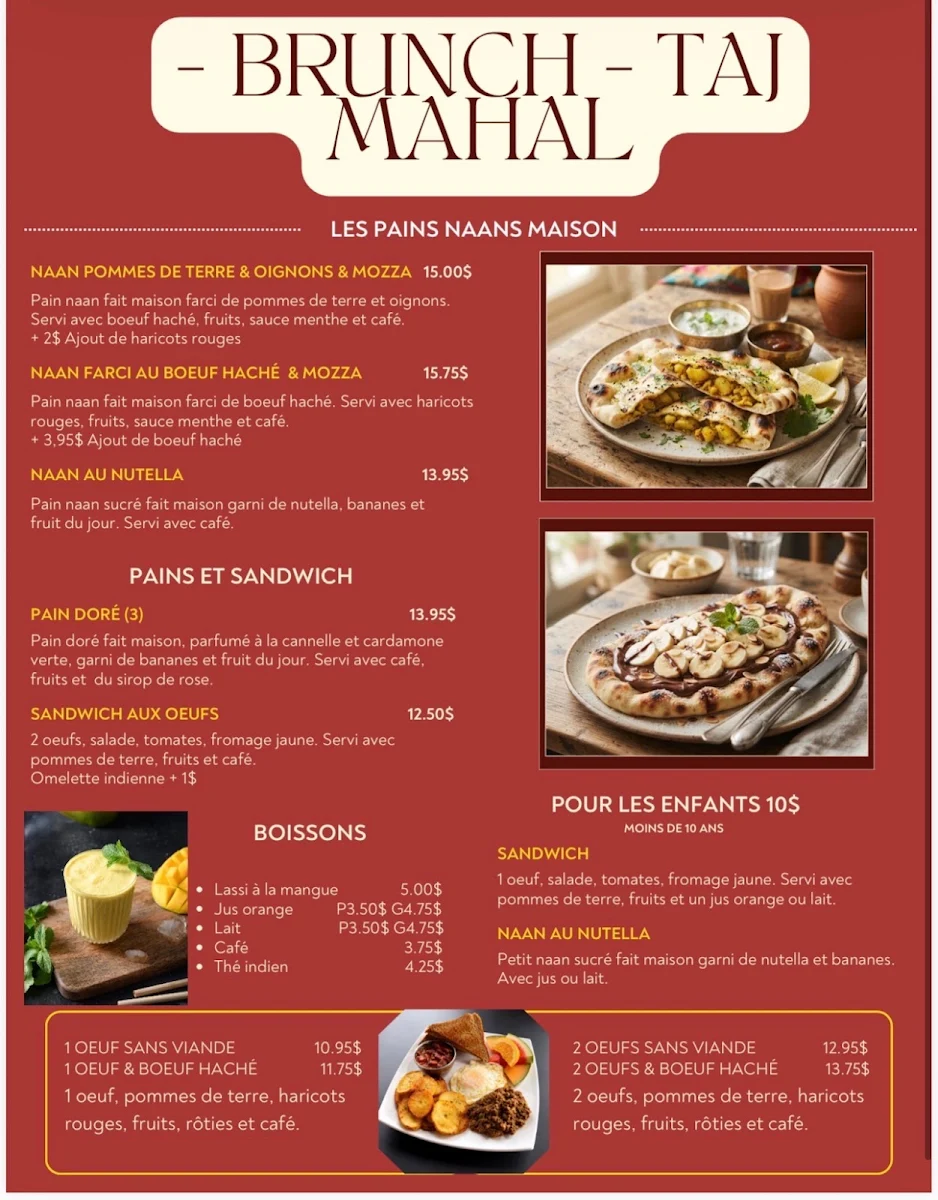 Menu, Restaurant Taj Mahal - Cuisine Fine - Apportez votre vin